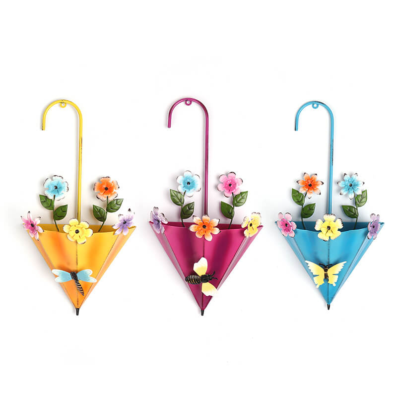 Beautiful 3d Metal Umbrella Decor Flower Pot Hanging Plants Basket Wall Decor Set
