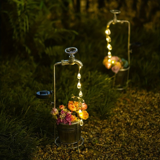 Wholesale Metal Faucet Flower Pot Solar Powered Waterfall Fairy Lights Outdoor Decorations
