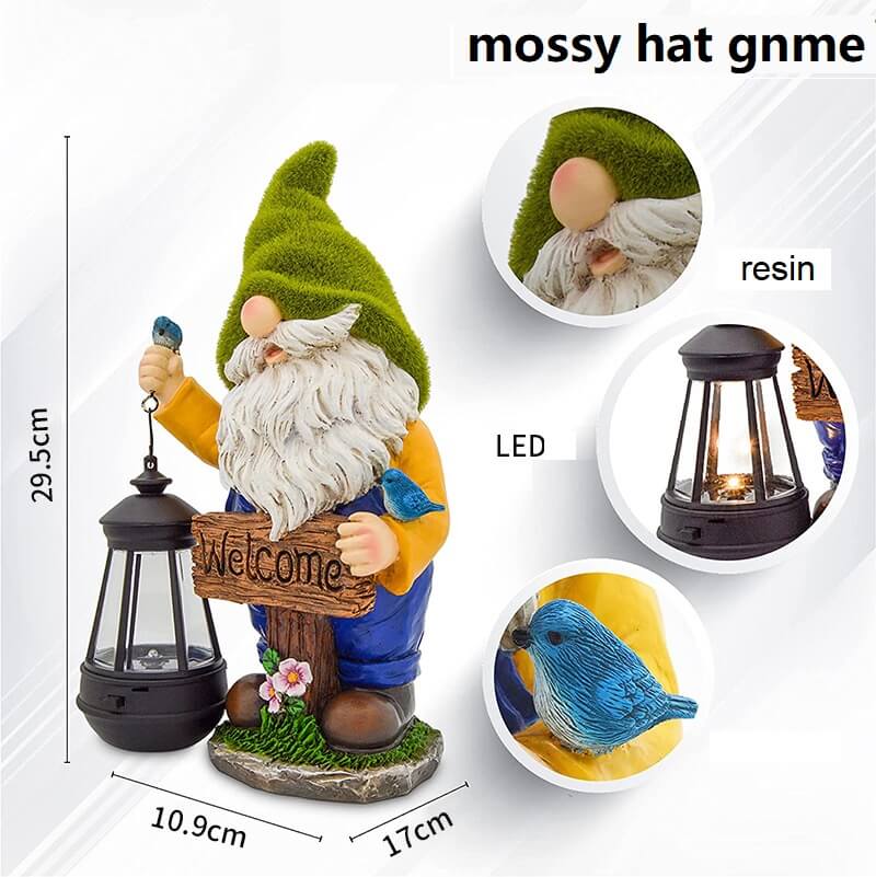Mossy Hat Polyresin Outdoor Custom Garden Gnomes Statues Holding Solar Lantern