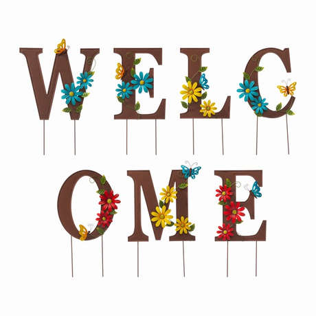 Extra Large Outdoor Rustic Metal Welcome Sign Flowers Yard Garden Stake ...