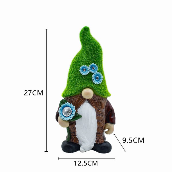 Mossy Hat Cute Resin Small Gnomes Garden Figurine Holding Solar Lights Flower