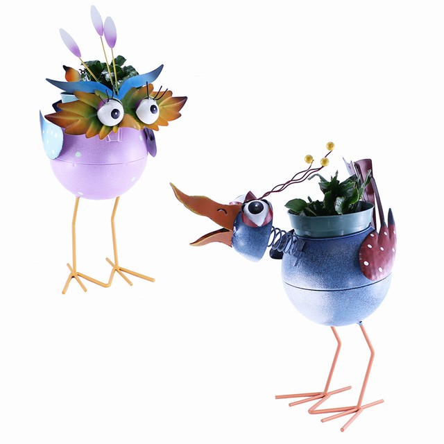 Decorative Cycle Metal Bobble Head Bird Shaped Flower Pots Holders for Outdoors