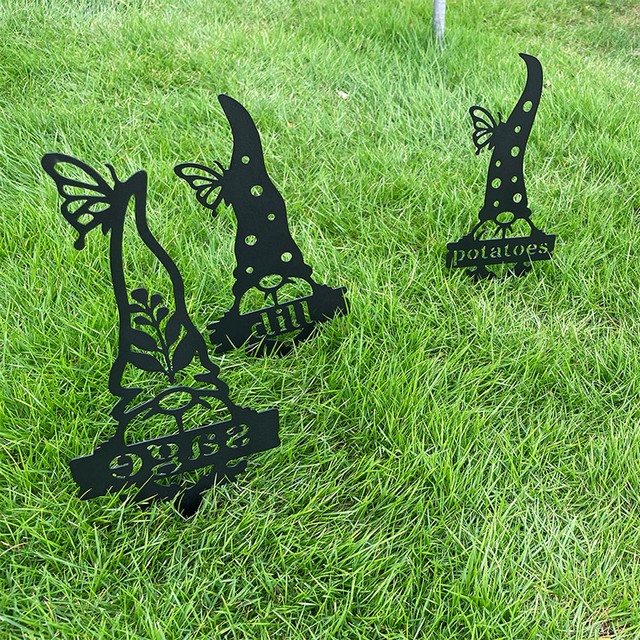 Laser Cut Metal Gnome Garden Stakes Seed & Plant Markers Indoor Outdoor Vegetables And Funny Labels Durable Tags