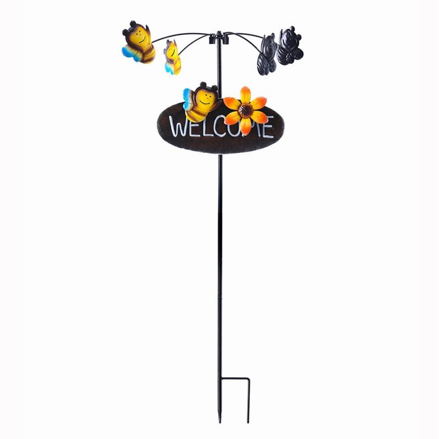 Metal Welcome Sign Bird Butterfly Ladybug Bee Best Kinetic Garden Decorative Colorful Wind Spinners Stake