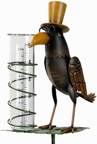 Outdoor Metal Crow Figurine Rain Gauge Stake With Plastic Tube For Yard Stakes Decor