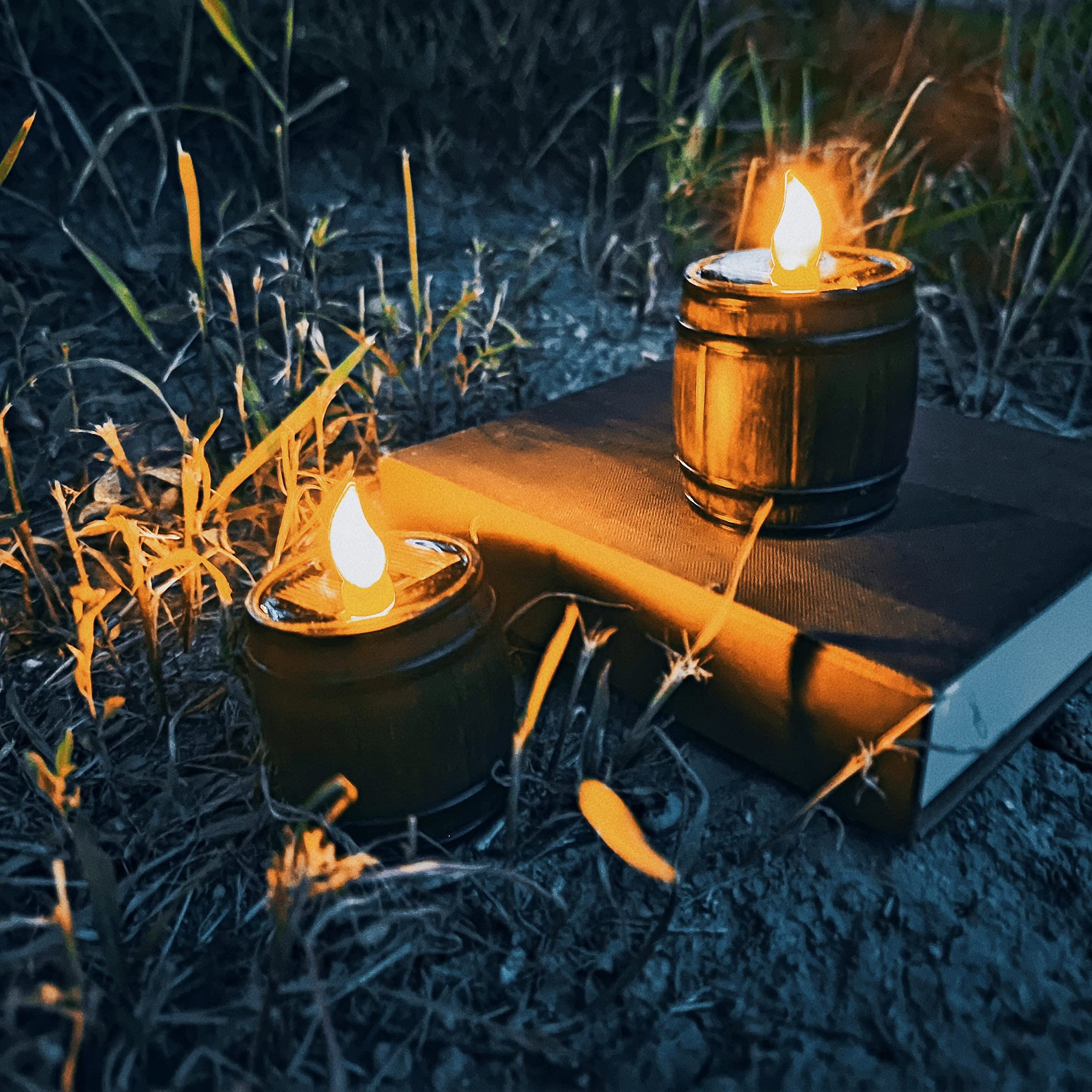 Outdoor Waterproof Vintage Solar Powered Led Flameless Wine Barrel Solar Tea Lights Candles For Bars Patio Halloween Decor