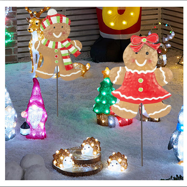 Outdoor Christmas Gingerbread Boy Girl Metal Stakes For Holiday Decor Pathway Lawn Garden Party