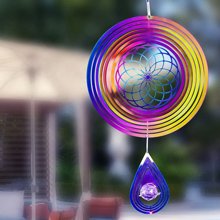 Outdoor 3D Kinetic Reflective Visual Effects Stainless Steel Colored Wind Spinner For Balcony Yard Art Garden Decor