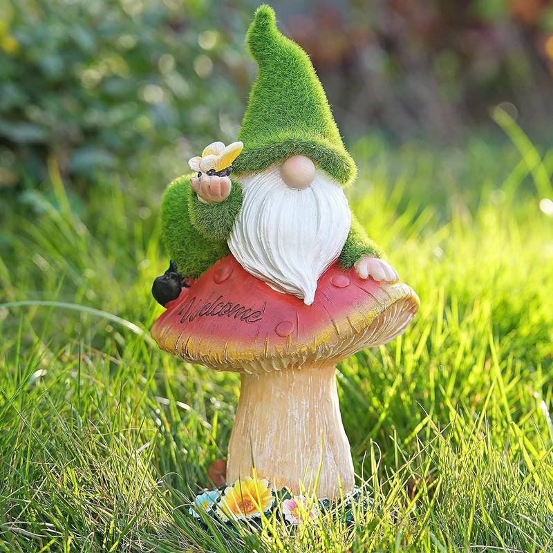 Flocked Garden Gnomes Resin Mushroom Butterfly Solar Statue For Garden Decor