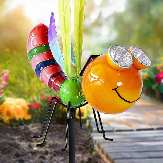 Outdoor Personality Orange Solar Metal Dragonfly Stake Light For Patio Pathway Walkway Yard Lawn Backyard Decor