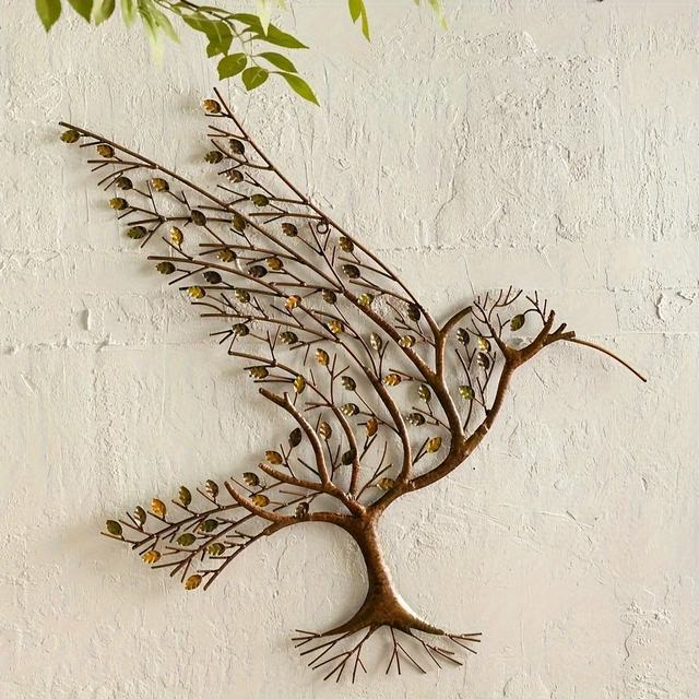 Metal Hummingbird Wall Art Branches and Leaves Bird Ornaments for Stylish Indoor or Outdoor Wall Decor
