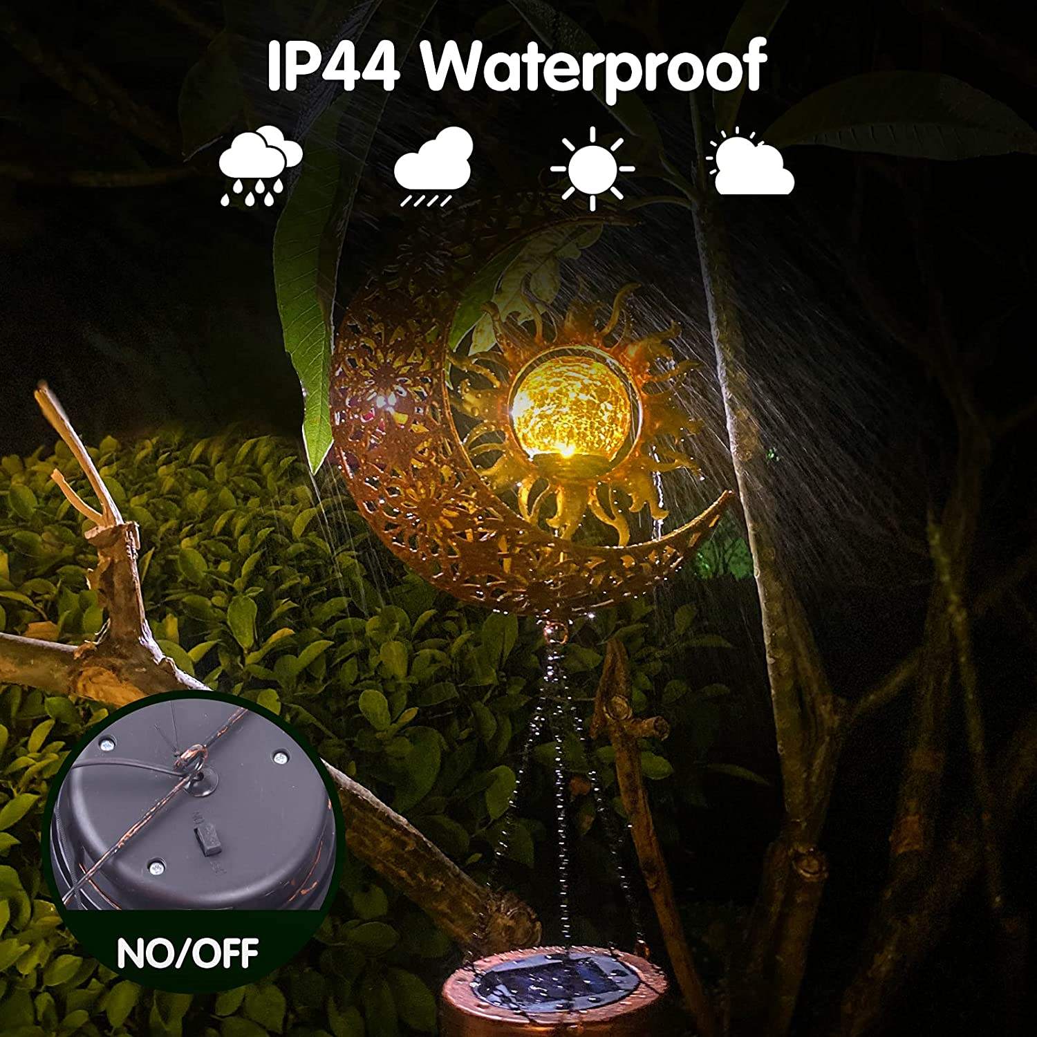 Solar Outdoor Hanging Metal Moon Sun Waterproof Crackle Glass Ball Warm Led Lights Wind Chimes Metal