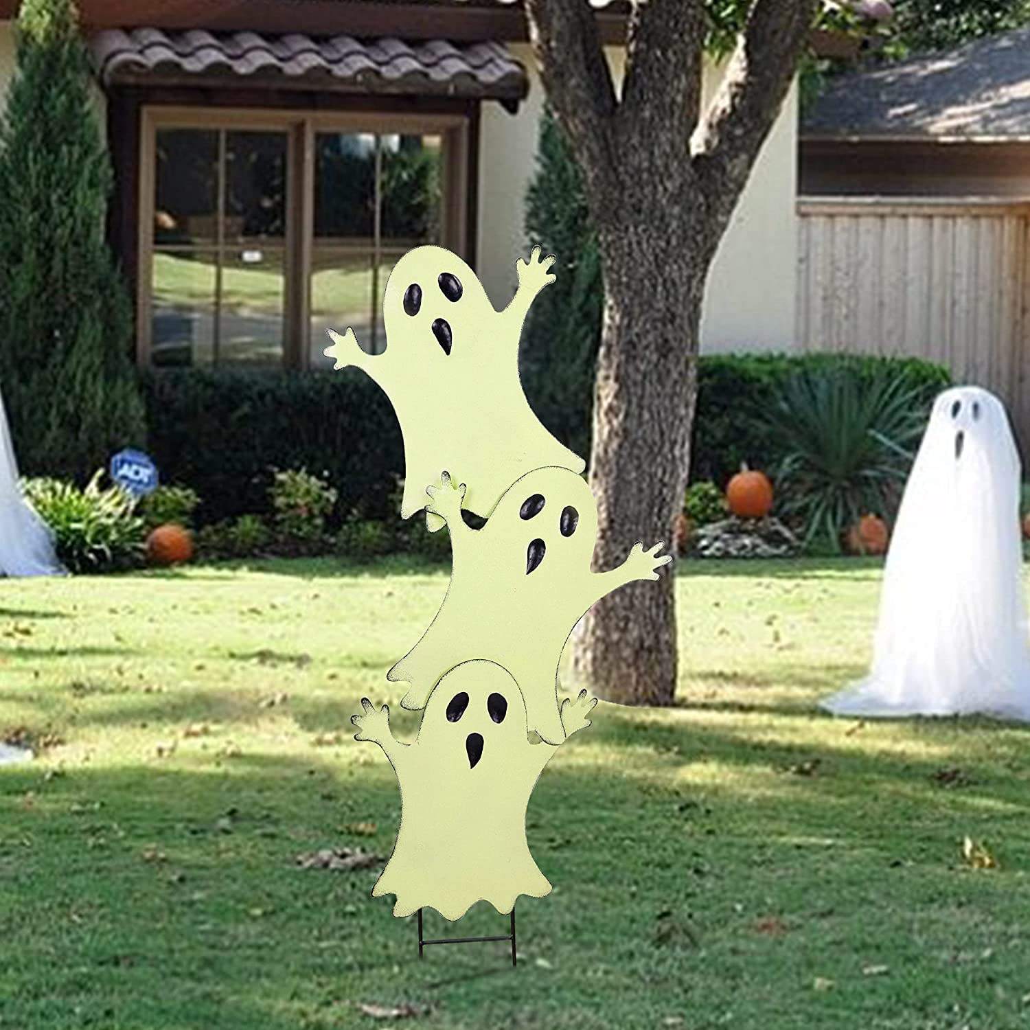 Dark Metal Stacked Ghost Fluorescent Layer Halloween Yard Sign Stakes For Yard Lawn Garden Decor