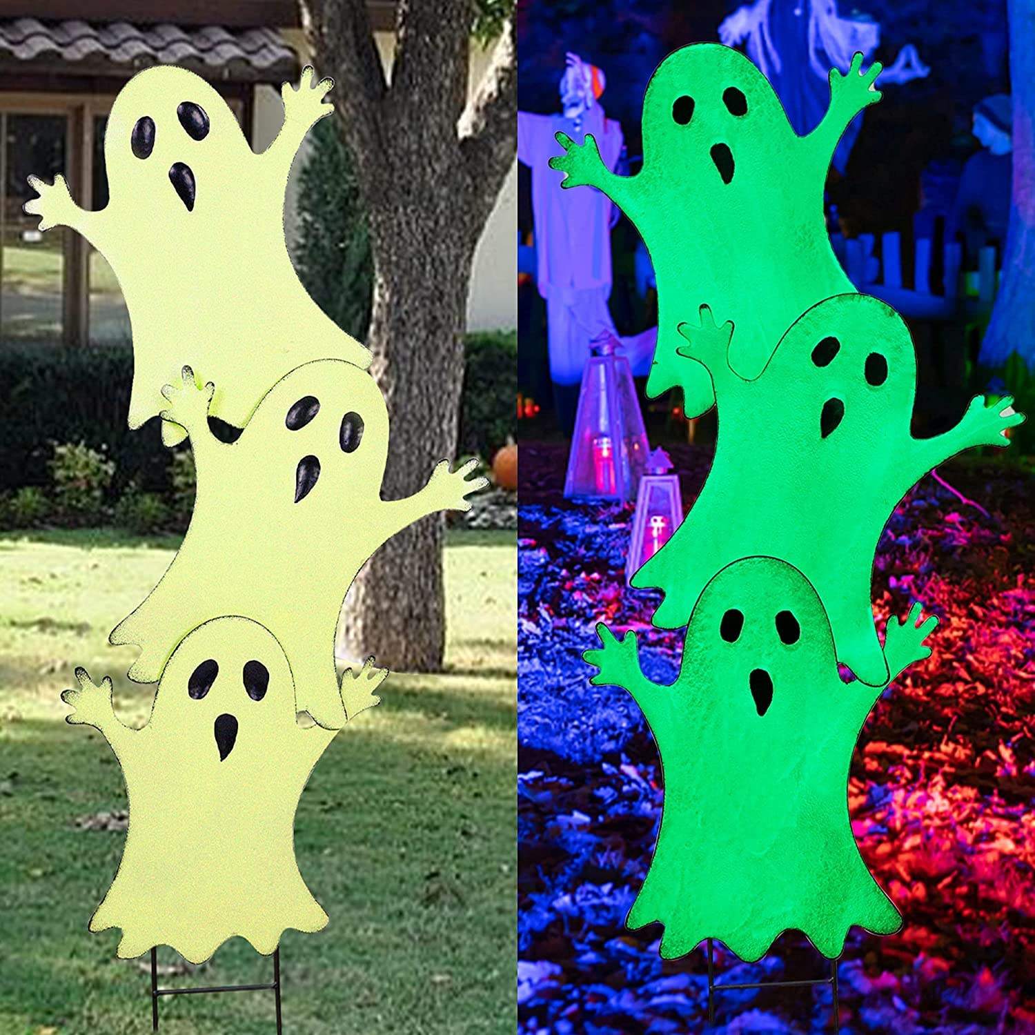 Dark Metal Stacked Ghost Fluorescent Layer Halloween Yard Sign Stakes For Yard Lawn Garden Decor