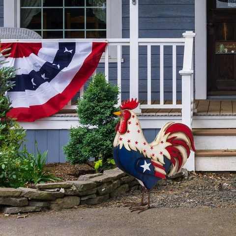 Metal Patriotic Rooster Statue for Independence Day Rustic Yard Signs Decor