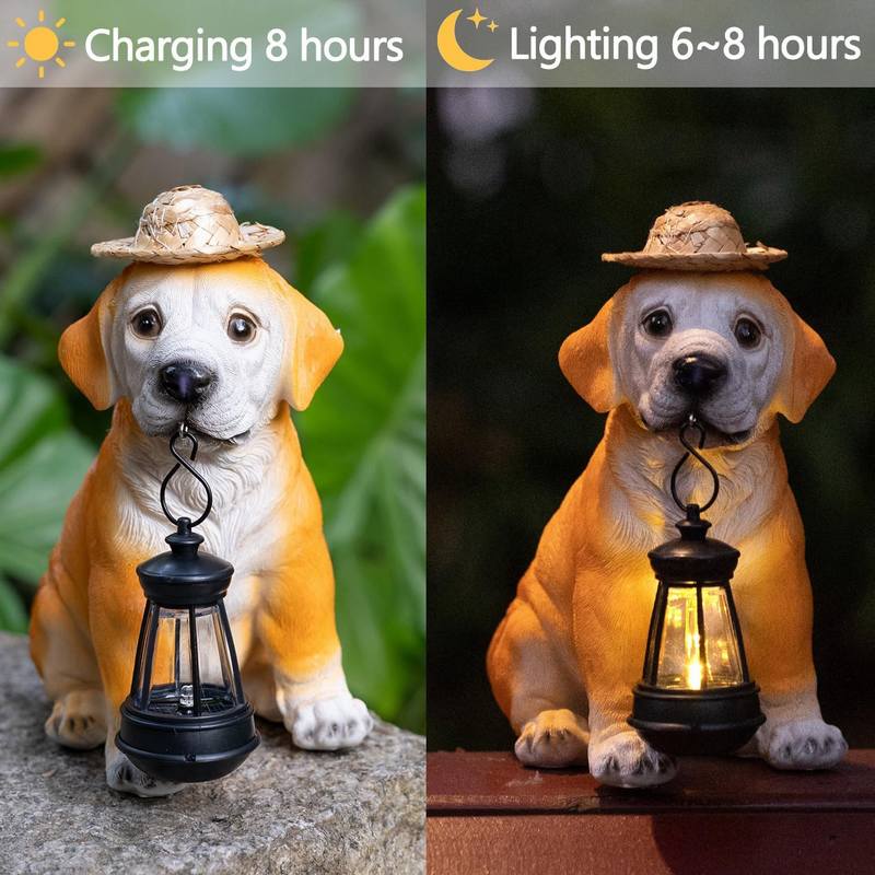 Adorable Resin Puppy Garden Figurine with A Straw Hat And Solar LED Lantern