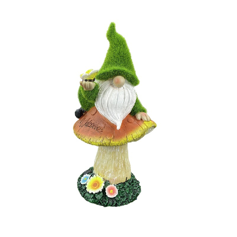 Flocked Garden Gnomes Resin Mushroom Butterfly Solar Statue For Garden Decor