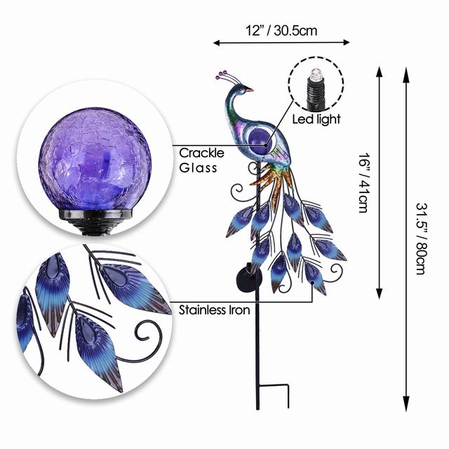 Customize Wholesale Metal Light Up Peacock Lawn Yard Art Ornament with Crackle Glass Ball