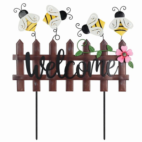 Metal Short Decorative Fence Art Garden Stakes with Bees Flowers for Outdoor Lawn Backyard Porch Pathway Patio