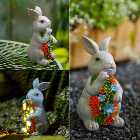 Factory Wholesale Customize Outdoor Solar Light Statues Resin Rabbit Garden Decor Ornament