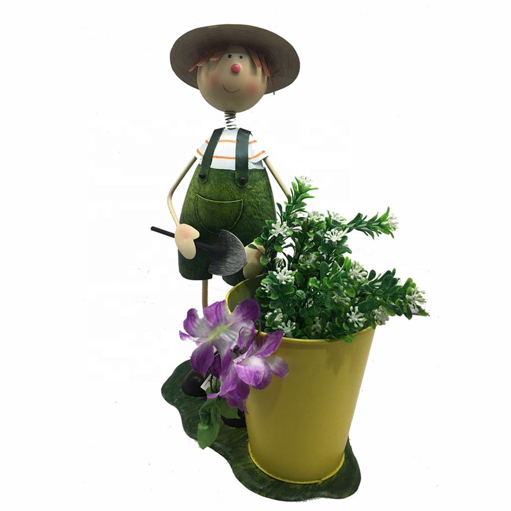 Home & Garden Ornament of Boy and Girl with Plant Stand Flower Pot