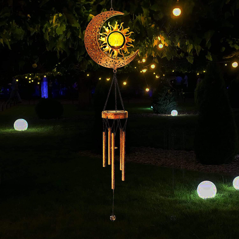 Solar Outdoor Hanging Metal Moon Sun Waterproof Crackle Glass Ball Warm Led Lights Wind Chimes Metal