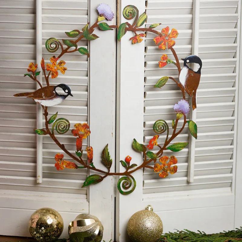 European Outdoor Chickadees Metal Wreath Art Wall Decoration For Holiday Living Room Bedroom Garden Yard