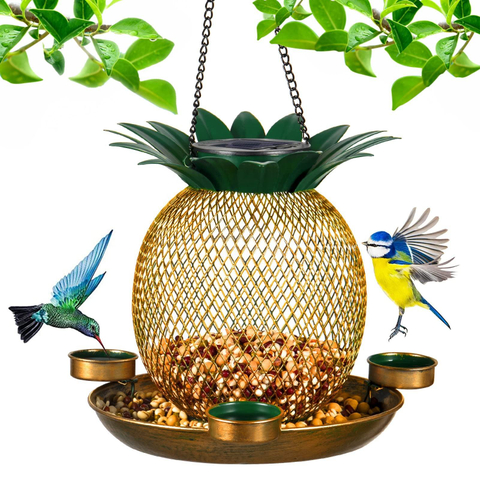 Outdoor Hanging Antique Pineapple Solar Metal Bird Feeders With Foldable Water Cups Decorative Wild Birds Food Eater