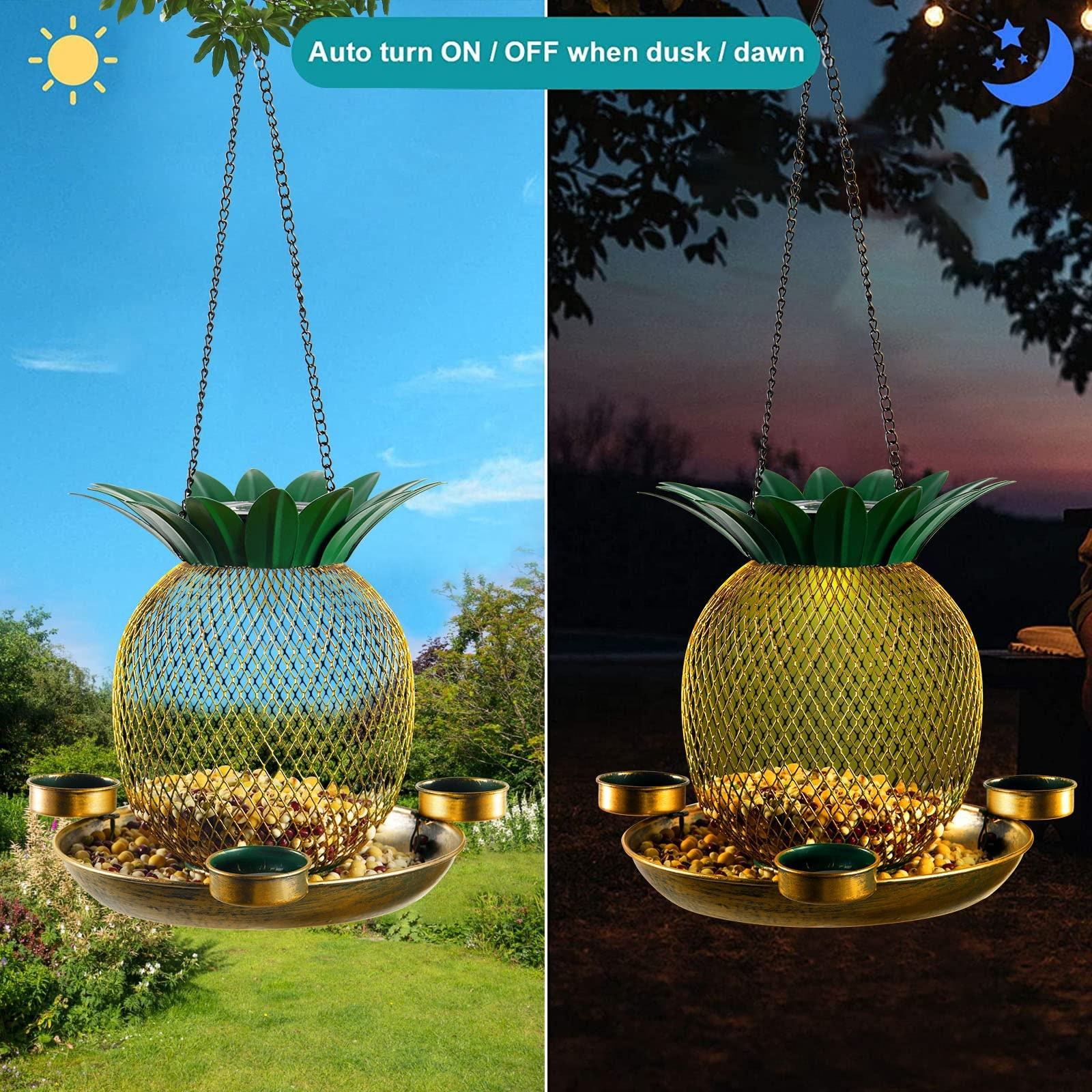 Outdoor Hanging Antique Pineapple Solar Metal Bird Feeders With Foldable Water Cups Decorative Wild Birds Food Eater