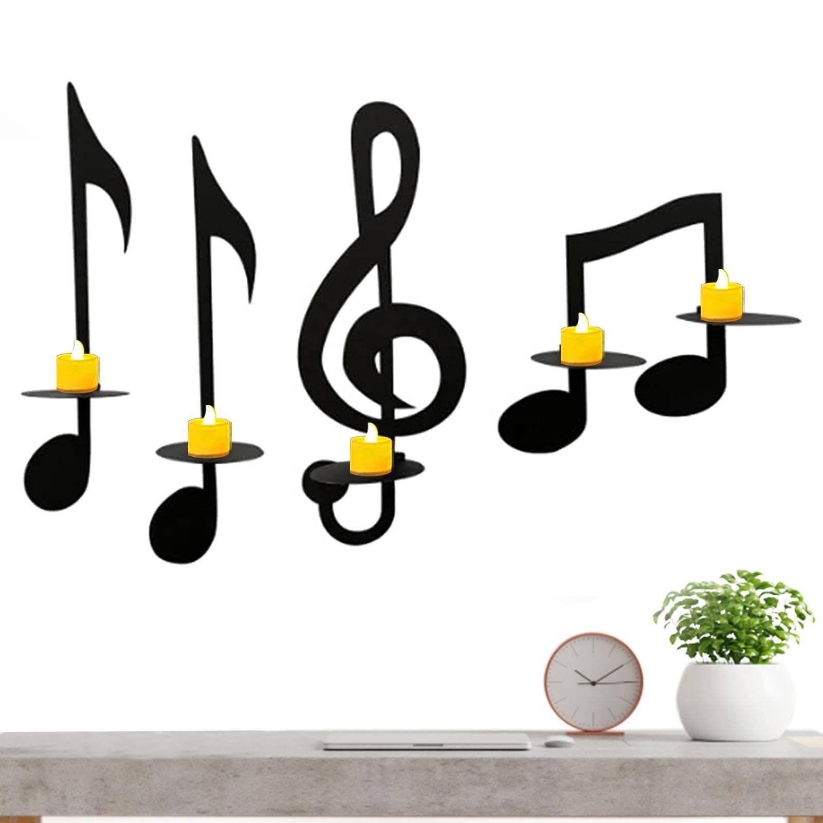 4 Pcs Black Music Note Wall Sconce Metal Candle Holder For Home Office Classroom Musical Symbol Gift Decor