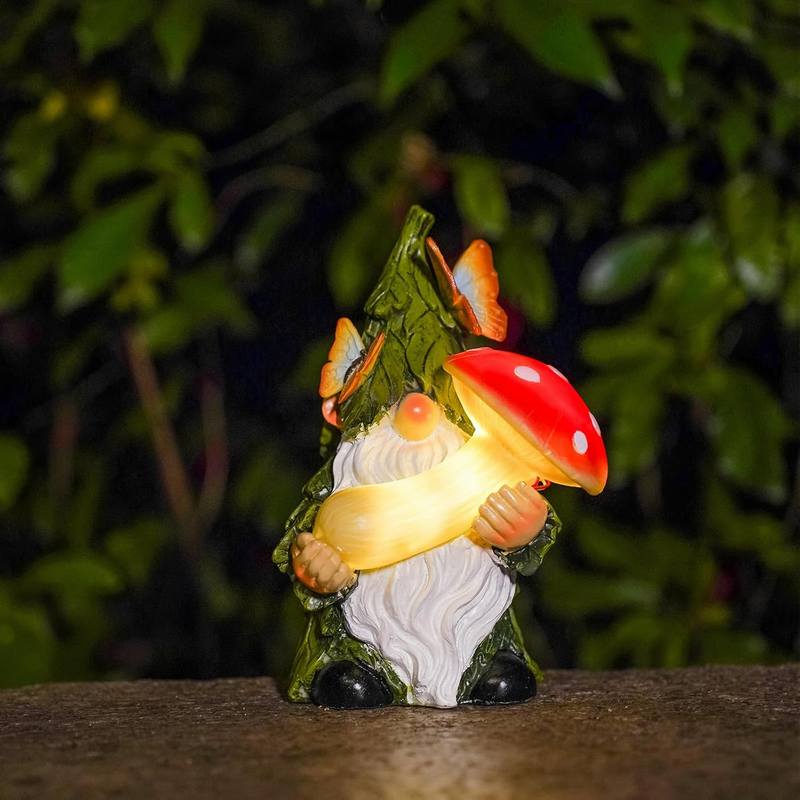 Outdoor Solar Garden Light Gnome Figurine Resin Statue with Light-Up Mushroom