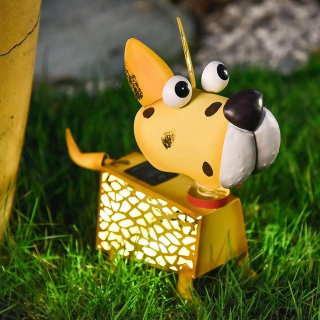 Outdoor Metal Garden Art Solar Animals Dog Figurines Lights For Patio Lawn Backyard Pathway Decorations