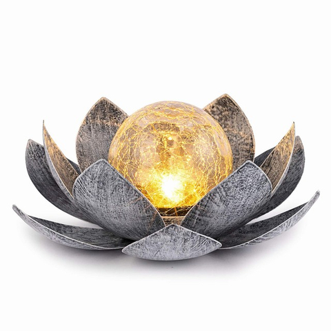 Outdoor Waterproof Led Solar Crackle Glass Ball Lotus Light Flower Garden Ornaments Patio Pathway Lawn Statue Decoration 