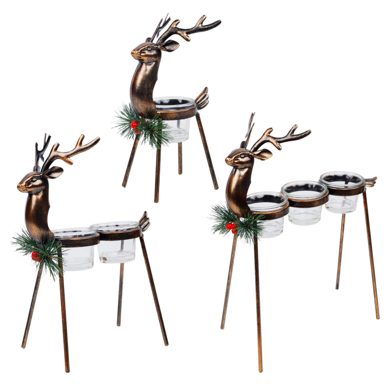 3 Pack Standing Iron Metal Reindeer Tea Light Christmas Candle Holders For Holiday Wedding Tabletop Centerpiece Display