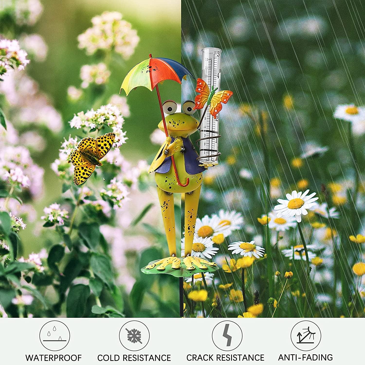 Outdoor Cute Personality Metal Umbrella Frog Rain Gauge Meter For Walkway Patio Pathway Yard Lawn Garden Decor