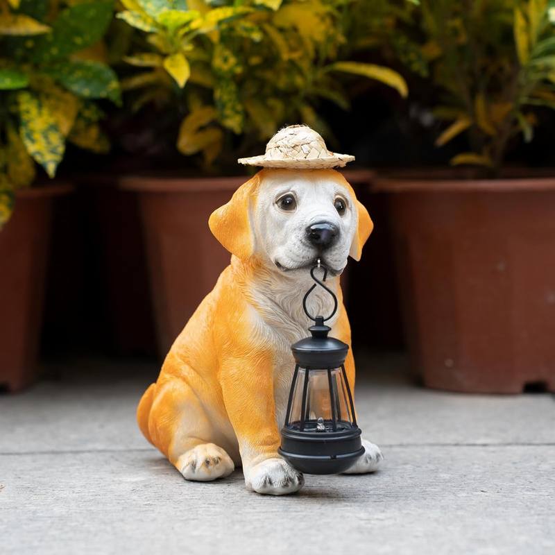 Adorable Resin Puppy Garden Figurine with A Straw Hat And Solar LED Lantern