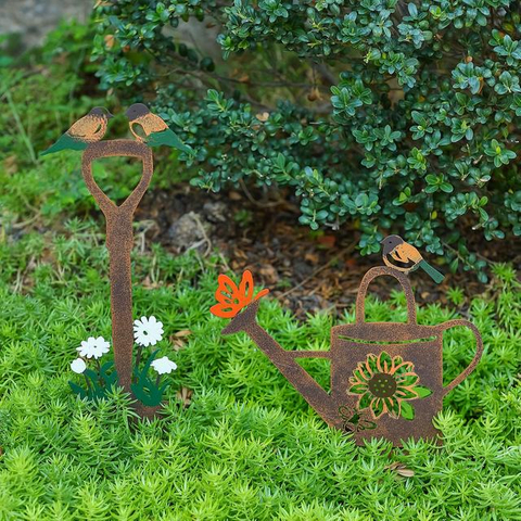 Decorative Metal Garden Tool Stake with Bird Shovel And Watering Can for Outdoor Yard Lawn Art Plant Stick