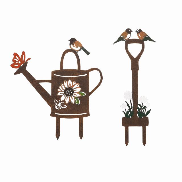 Decorative Metal Garden Tool Stake with Bird Shovel And Watering Can for Outdoor Yard Lawn Art Plant Stick