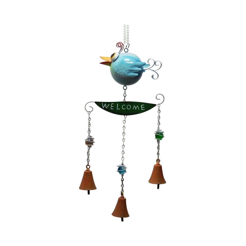 Metal crafts of metal bird wind bell chimes with welcome sign for garden decoration