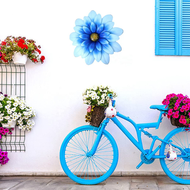 Autumn Outdoor Blue Metal 3D Flowers Wall Art Decoration For Bedroom Living Room Bathroom Kitchen Garden Patio Porch