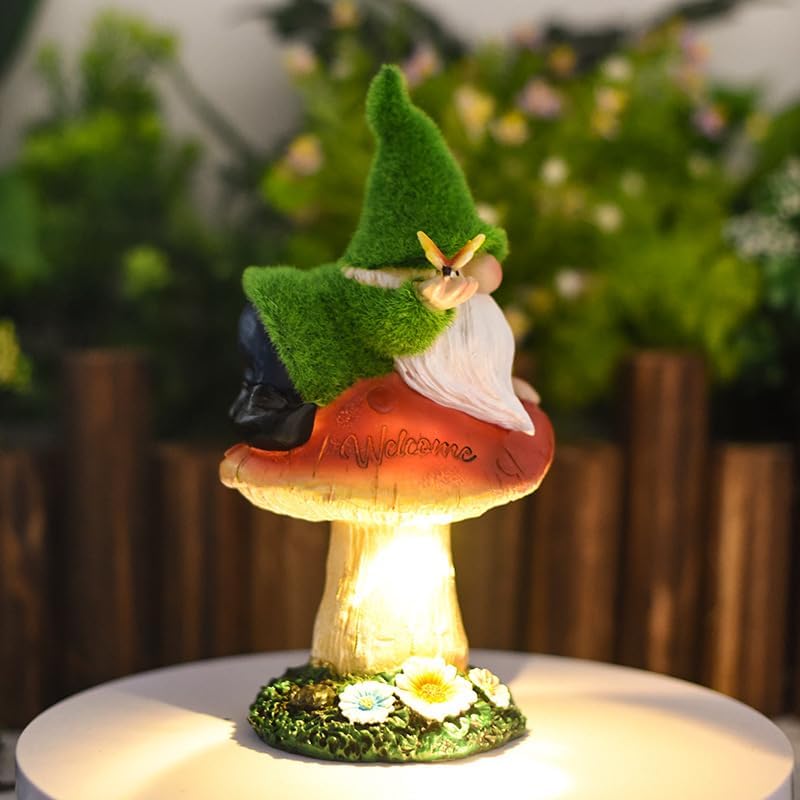 Flocked Garden Gnomes Resin Mushroom Butterfly Solar Statue For Garden Decor