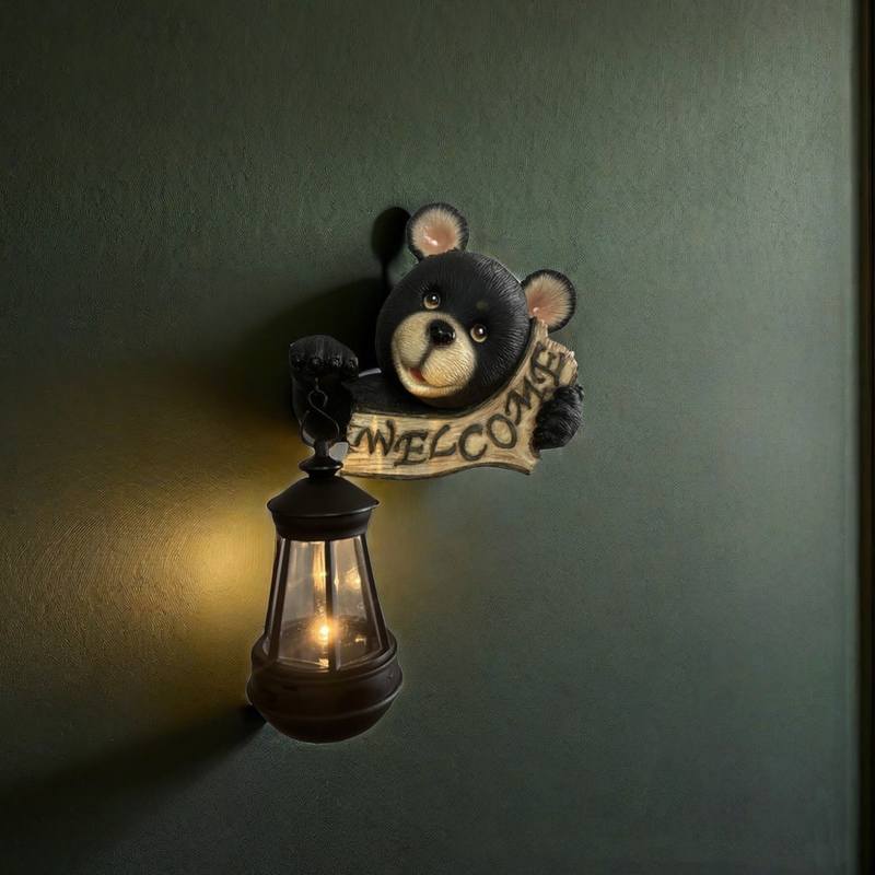 Welcome Sign Black Bear with Solar Lantern Resin Hanging outside Decor