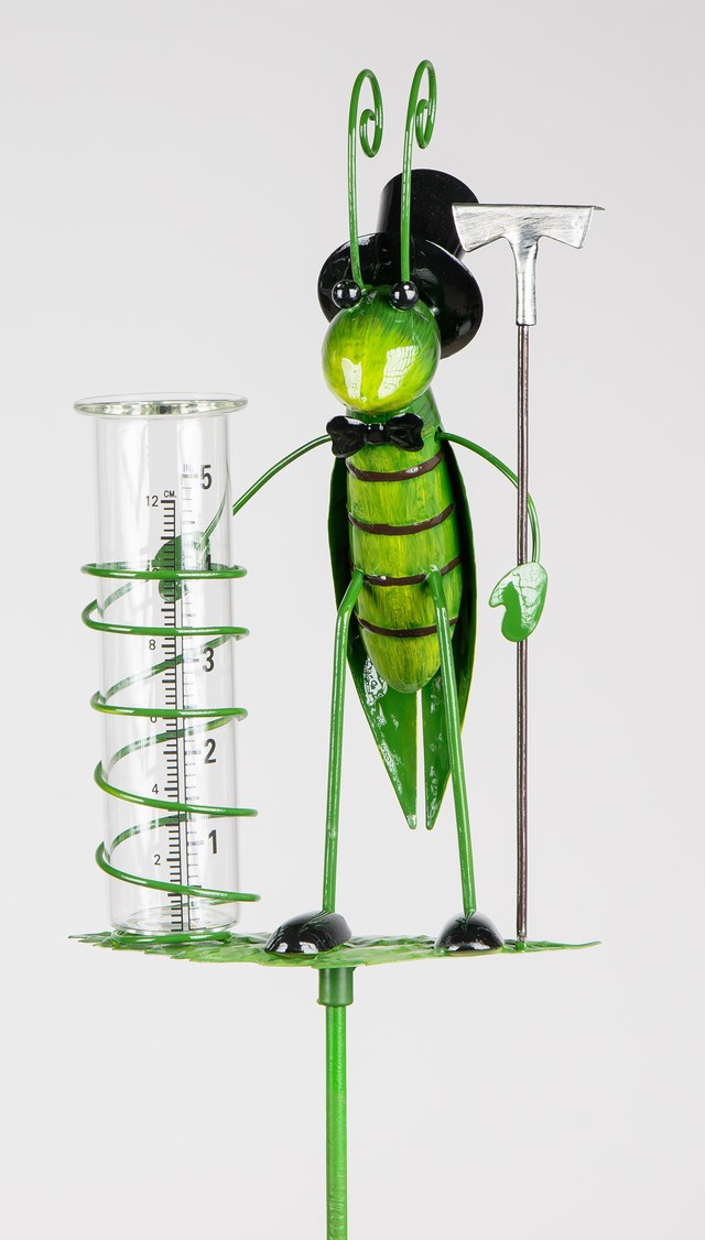 Glass Rain Gauge Metal Grasshopper Shovel Rake Metal Ladybug Figurine