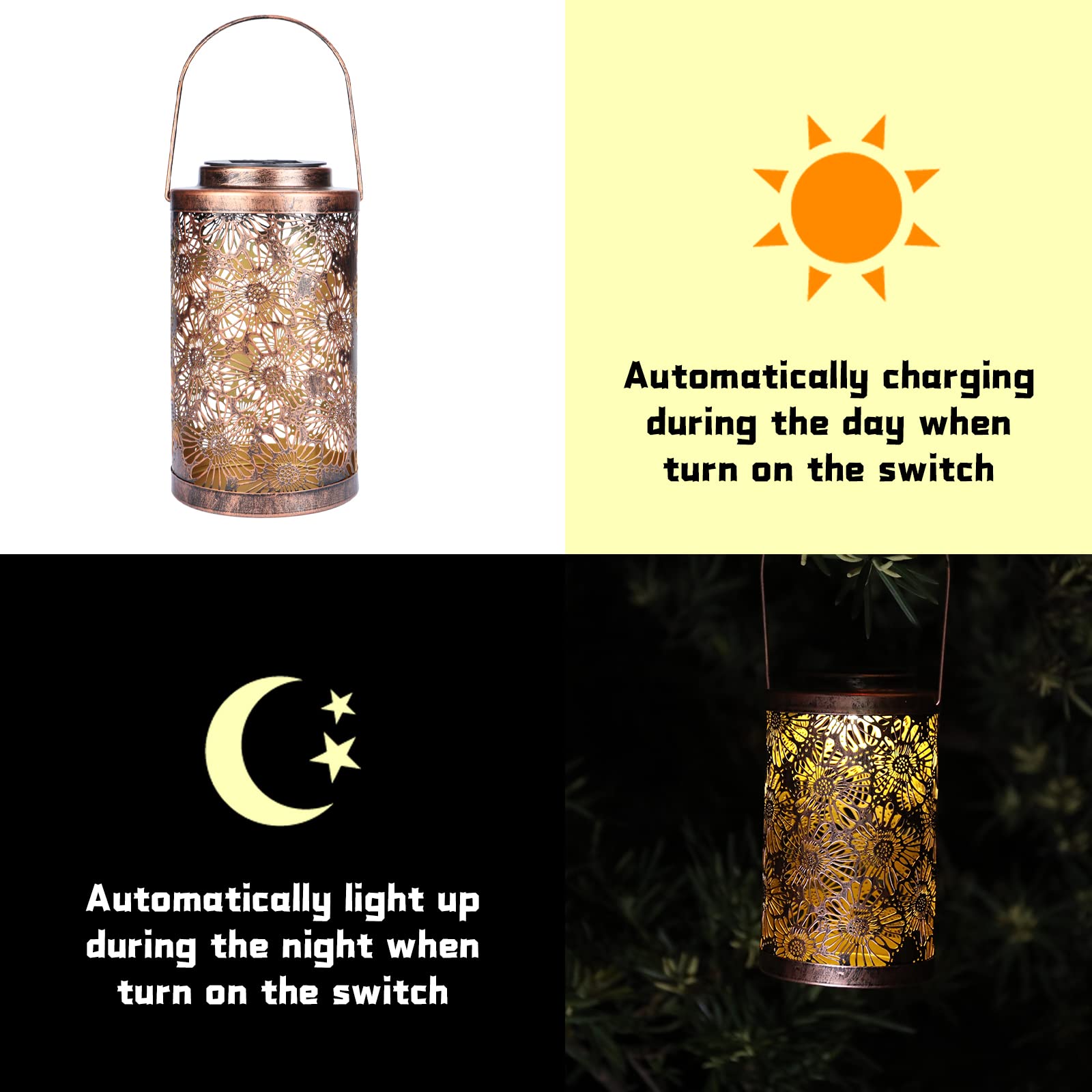 Outdoor Hanging Openwork Chrysanthemum Pattern Metal Led Solar Lights For Garden Patio Lawn Pathway Decorative