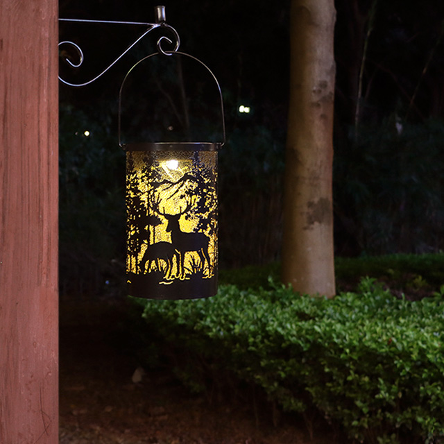 Outdoor Waterproof Metal Forest deer hollow out Solar Lantern for Patio Pathway Landscape Home Decor