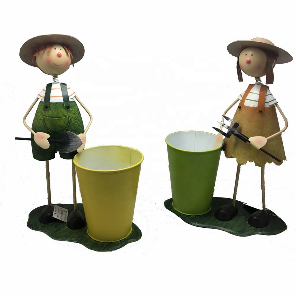 Home & Garden Ornament of Boy and Girl with Plant Stand Flower Pot