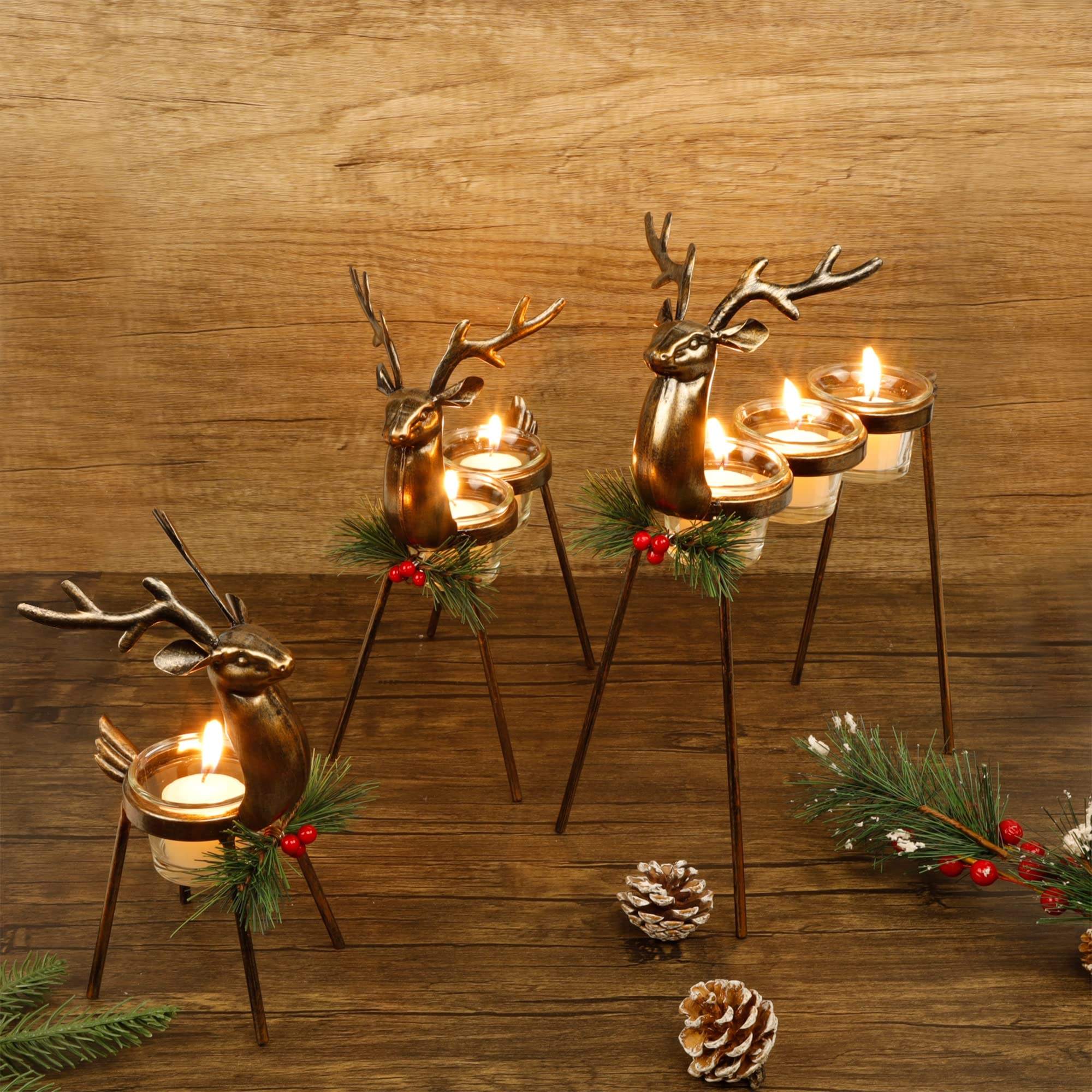 3 Pack Standing Iron Metal Reindeer Tea Light Christmas Candle Holders For Holiday Wedding Tabletop Centerpiece Display