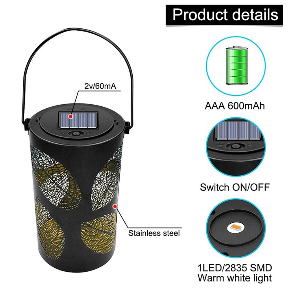 Outdoor Hanging Waterproof Led Hollow Out Leaf Shape Metal Solar Lantern Light For Garden Yard Table Decoration