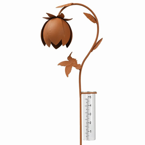 Customized Handmade Rust Color Metal Flower Rain Gauge for Yard Countryside Garden Farm Outdoor