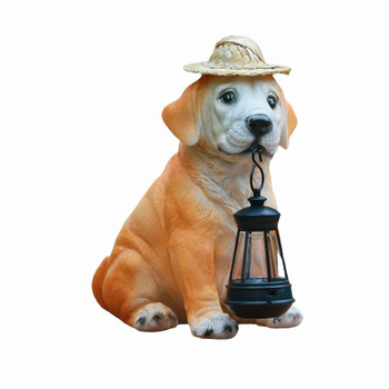 Adorable Resin Puppy Garden Figurine with A Straw Hat And Solar LED Lantern